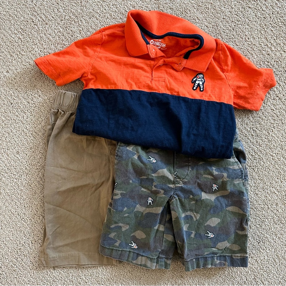 Set of 3: Oshkosh Space Shirt and Shorts Set with additional Deep Khaki Shorts